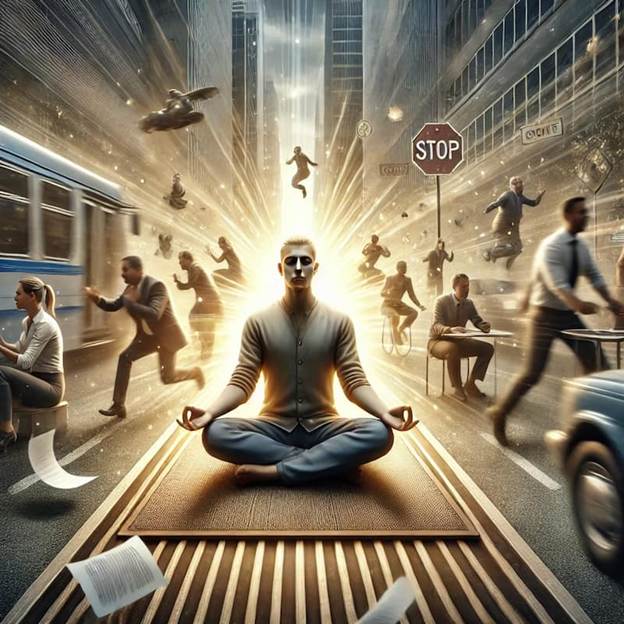 A person calming sitting in the middle of a chaotic street.