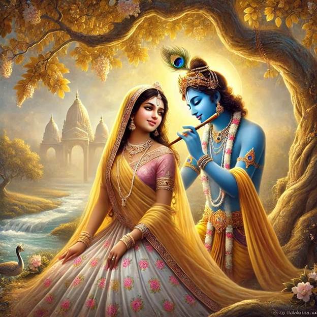 A beautiful image of Radha Krishna where Krishna is standing besides Radha holding flute in his hands.