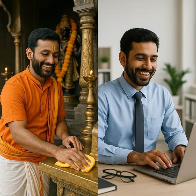 A person using a computer and one person cleaning the temple.