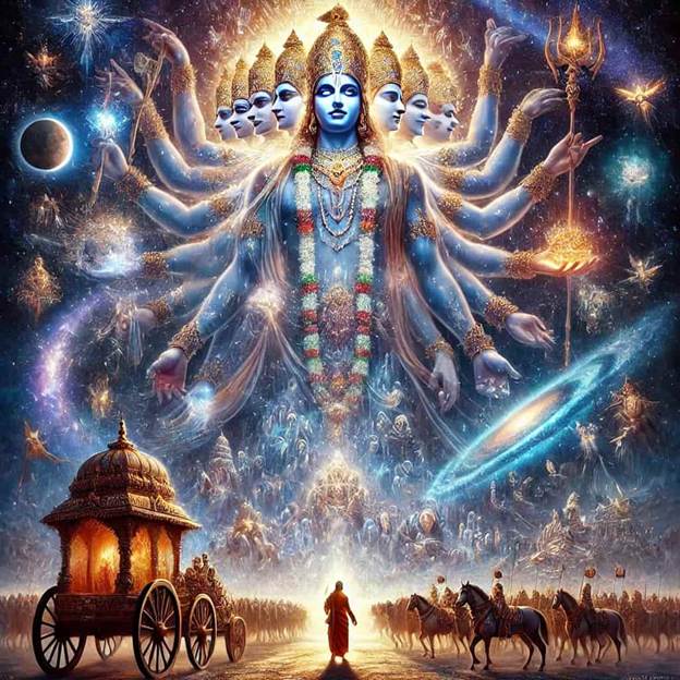 A painting of a person standing in front of a person standing in front of a chariot.