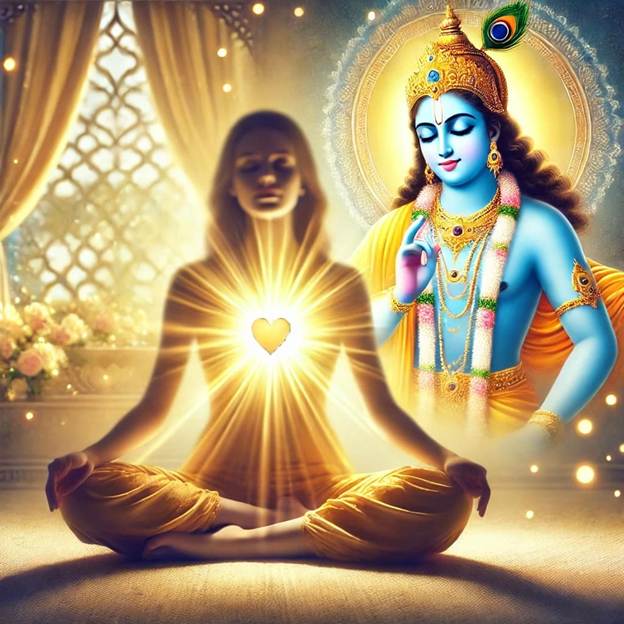 A person sitting in a lotus position with a light shining above
AI-generated content may be incorrect.