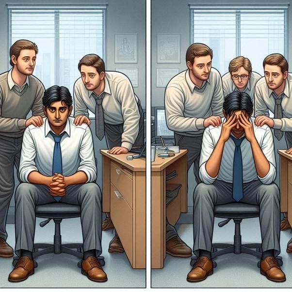 An office setting with a man (Dinesh) sitting at his desk, initially looking confident and healthy. Around him, four coworkers stand or lean in, each with concerned expressions, subtly pointing or whispering things like “You look pale” and “Are you okay?” As the scene progresses from left to right or front to back, Dinesh’s expression gradually shifts from normal to confused, then worried, and finally visibly unwell—slumped over, touching his forehead.
