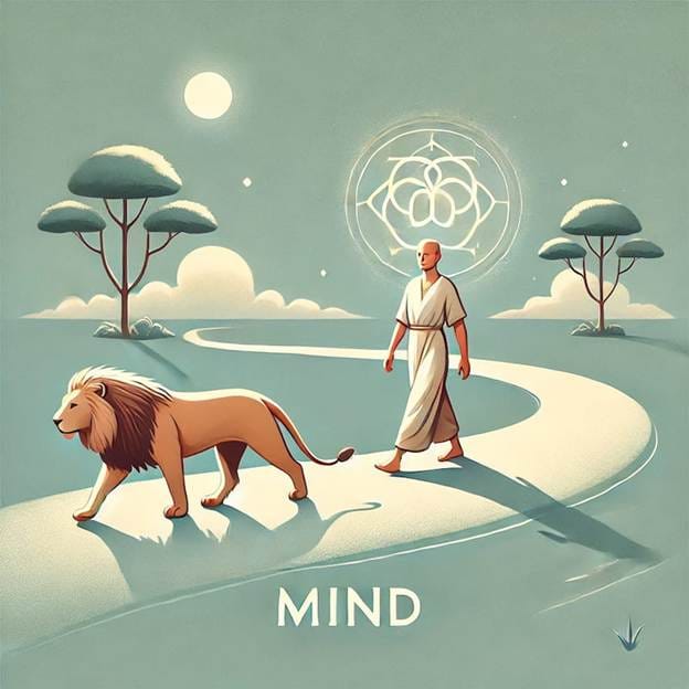 A person walking a lion symbolized as a trained mind. 