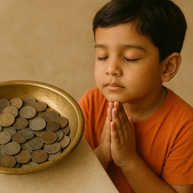 A child praying with his hands together and a bowl of coins.