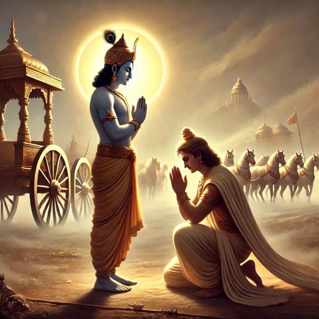 A painting of a person kneeling in front of a person kneeling in front of a chariot.