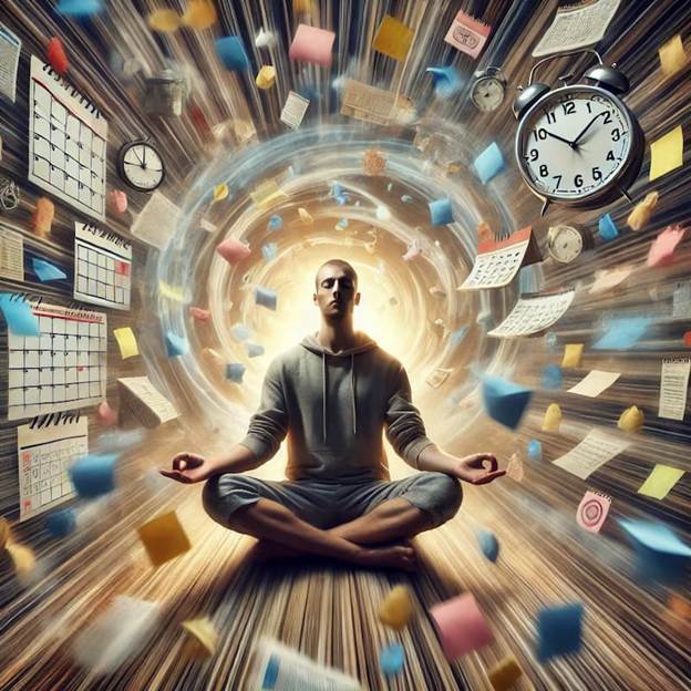 A person sitting in a room with many papers flying around him.