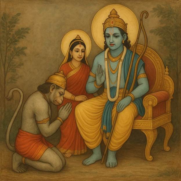 A painting of a god sitting on a chair with a monkey.