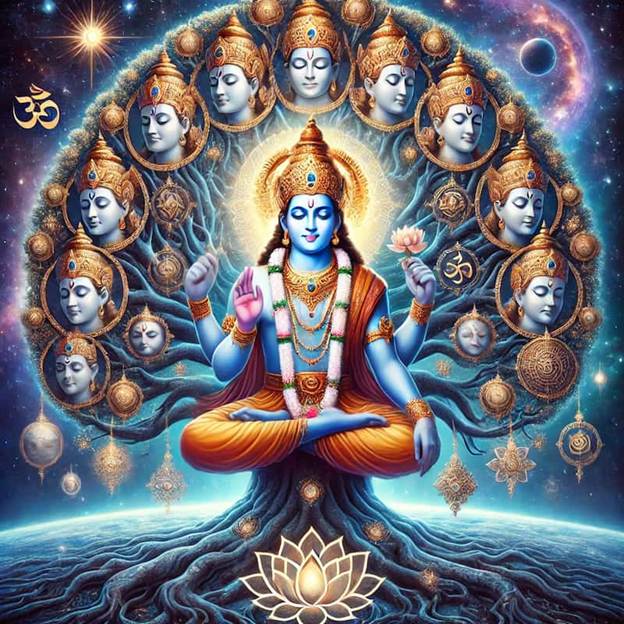 A painting of a person sitting on a tree with many faces.