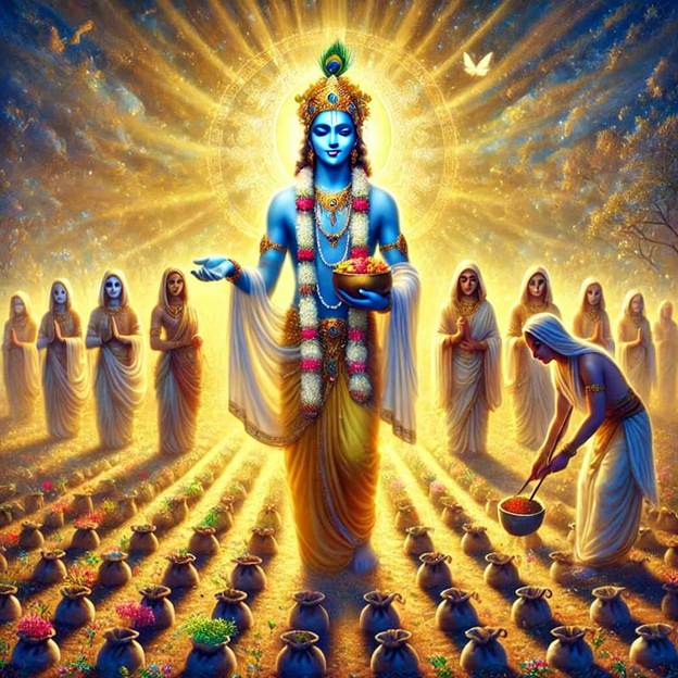 A painting of a God in the garden dispensing flower pots which represents the field of activity.