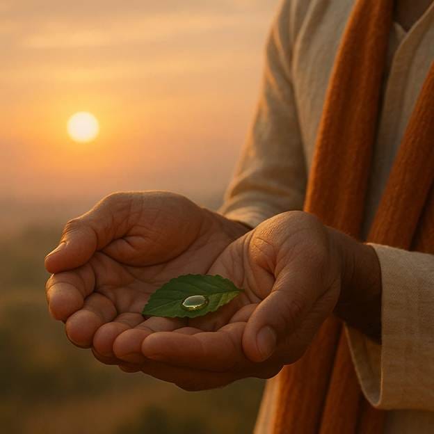 A person holding a leaf with a drop of water in their hands

AI-generated content may be incorrect.