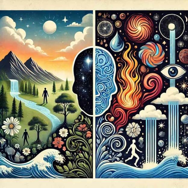 A collage of two scenairos. The distinction between outer world and inner world is clearly visible. 