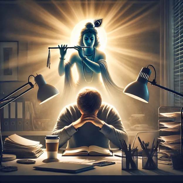 A person sitting at a desk with a book and a flute.