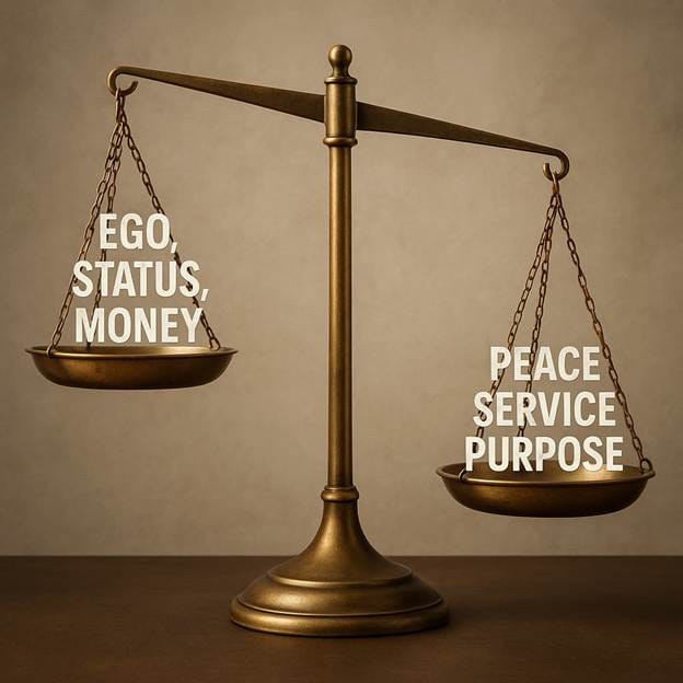 A balance scale with words on them.