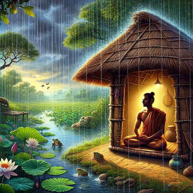 A person sitting in a hut in the rain while few frogs can be seen in the river. 