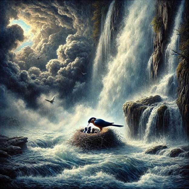 Bird feeding chicks in a nest amidst stormy skies and waterfalls, symbolizing peace amid chaos.