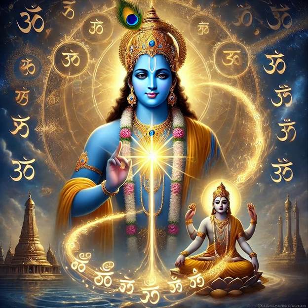 A painting of God with Brahma sitting on a lotus flower.