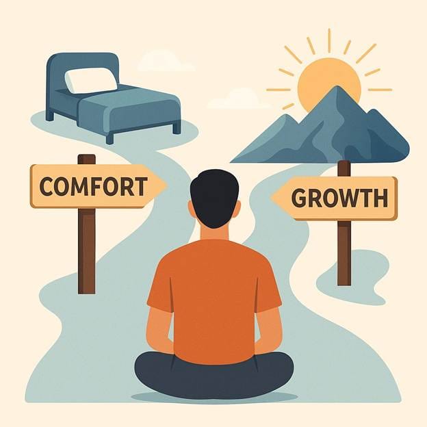 A person sitting on the road with a bed and mountains.