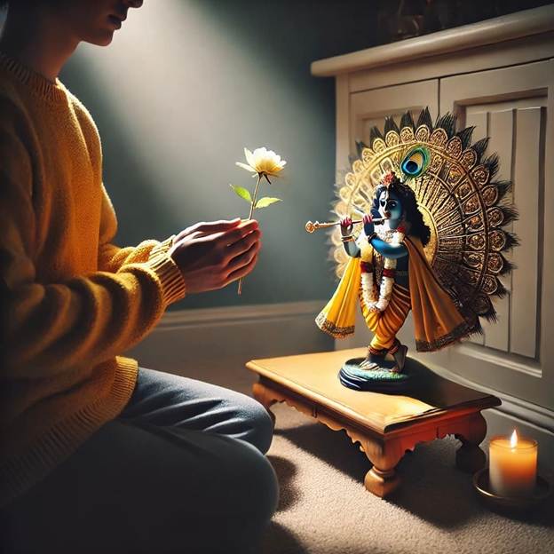 A person holding a flower next to a statue.