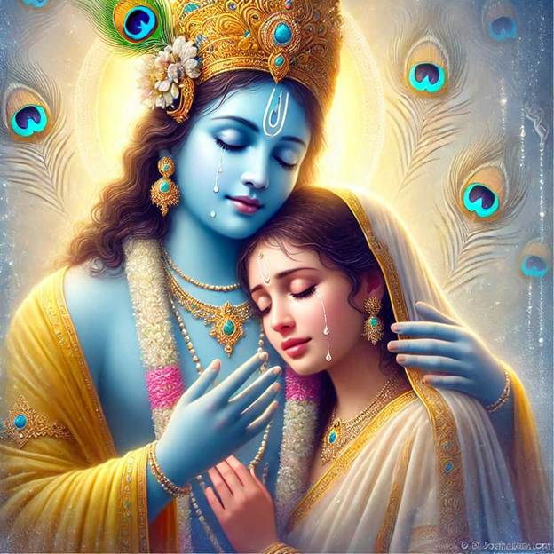 A beautiful image of Shree Krishna who cries along with a devotee.