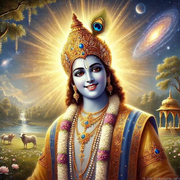 A painting of God with a peacock feather on his head.