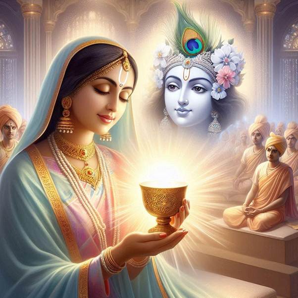 A serene, divine scene with Saint Meerabai in indian attire, holding a cup with love. She gazes at it with full faith and devotion, surrounded by a soft etheral glow. Behind her, an image of Shree Krishna wearing peacock feather. The cup radiates light instead of poison, symbolizing transformation through faith. In the background, group of people in the assembly hall watch in awe, representing doubt and disbelief.