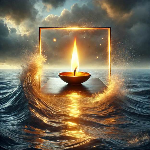 A candle in a square frame surrounded by waves.