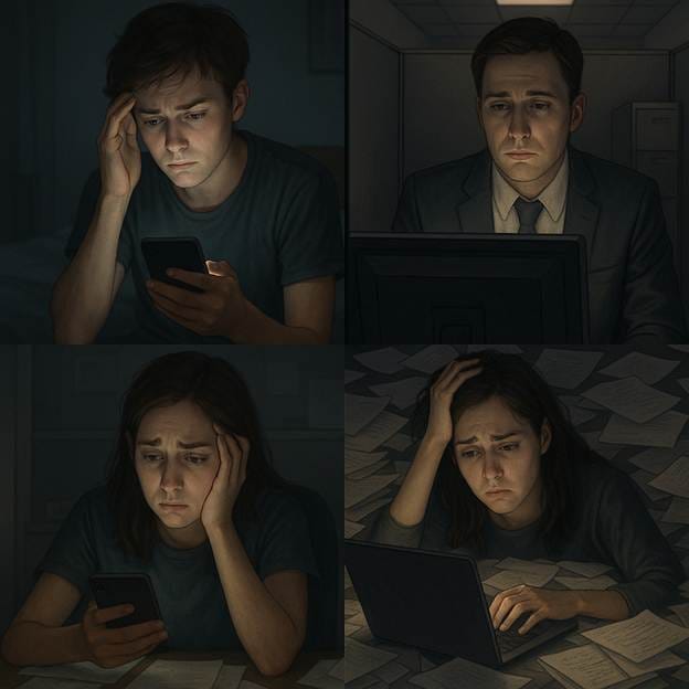 A collage of two people using a computer.