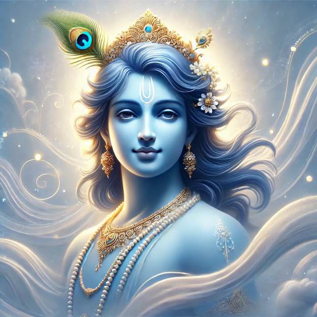 A painting of God with a peacock feather in hair.