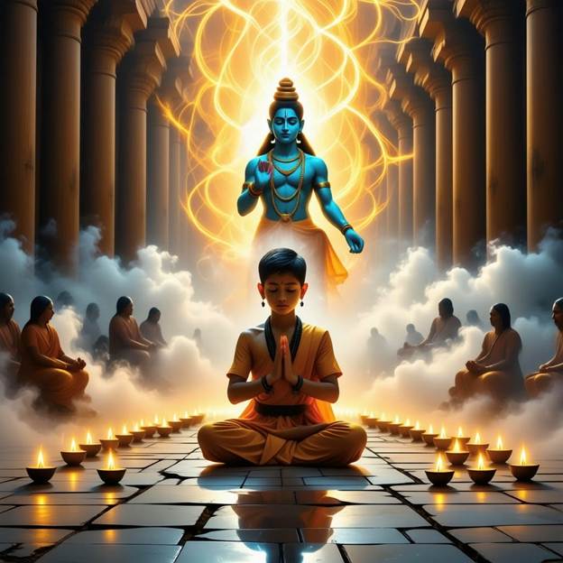 A child sitting in a lotus position with a blue face and a blue painted face

AI-generated content may be incorrect.