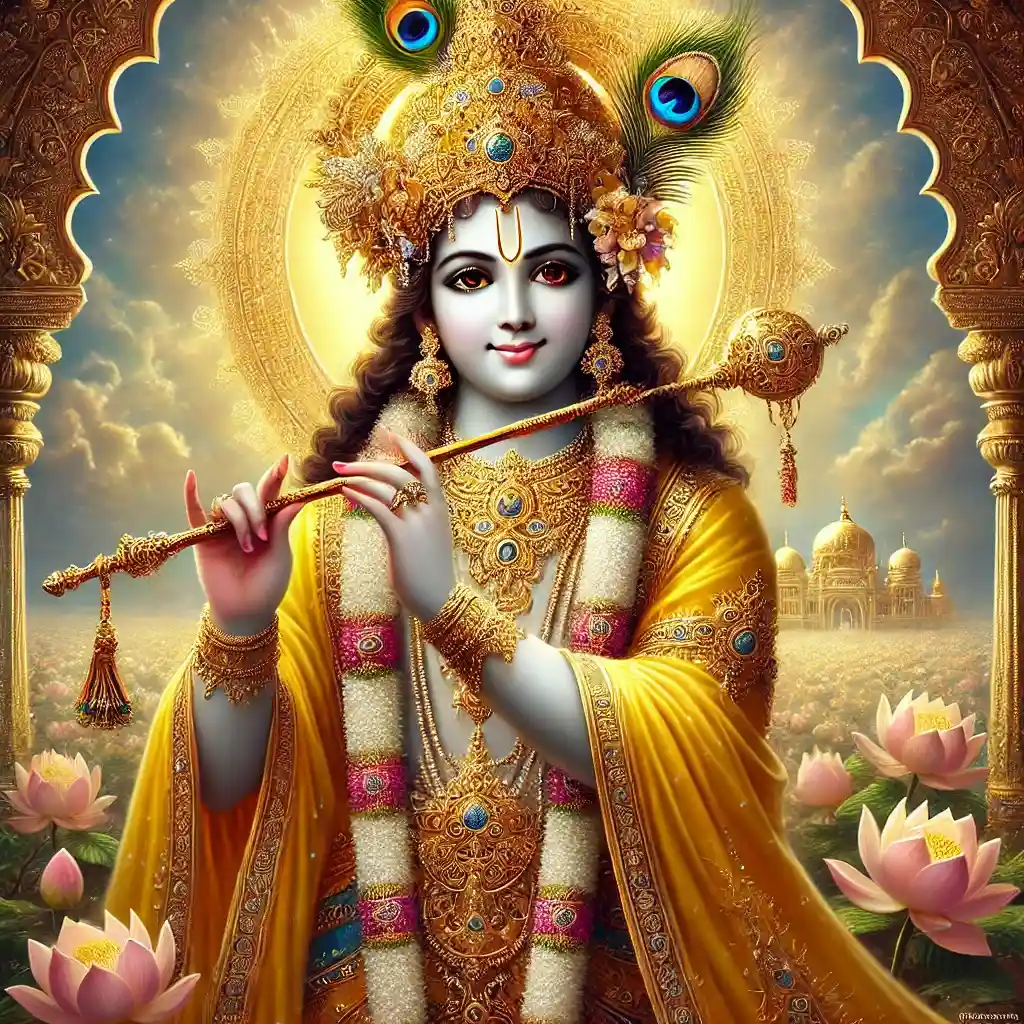 "Majestic image of Lord Krishna with golden crown, peacock feather, glowing eyes, and flute, standing in a divine palace setting with spiritual radiance."
