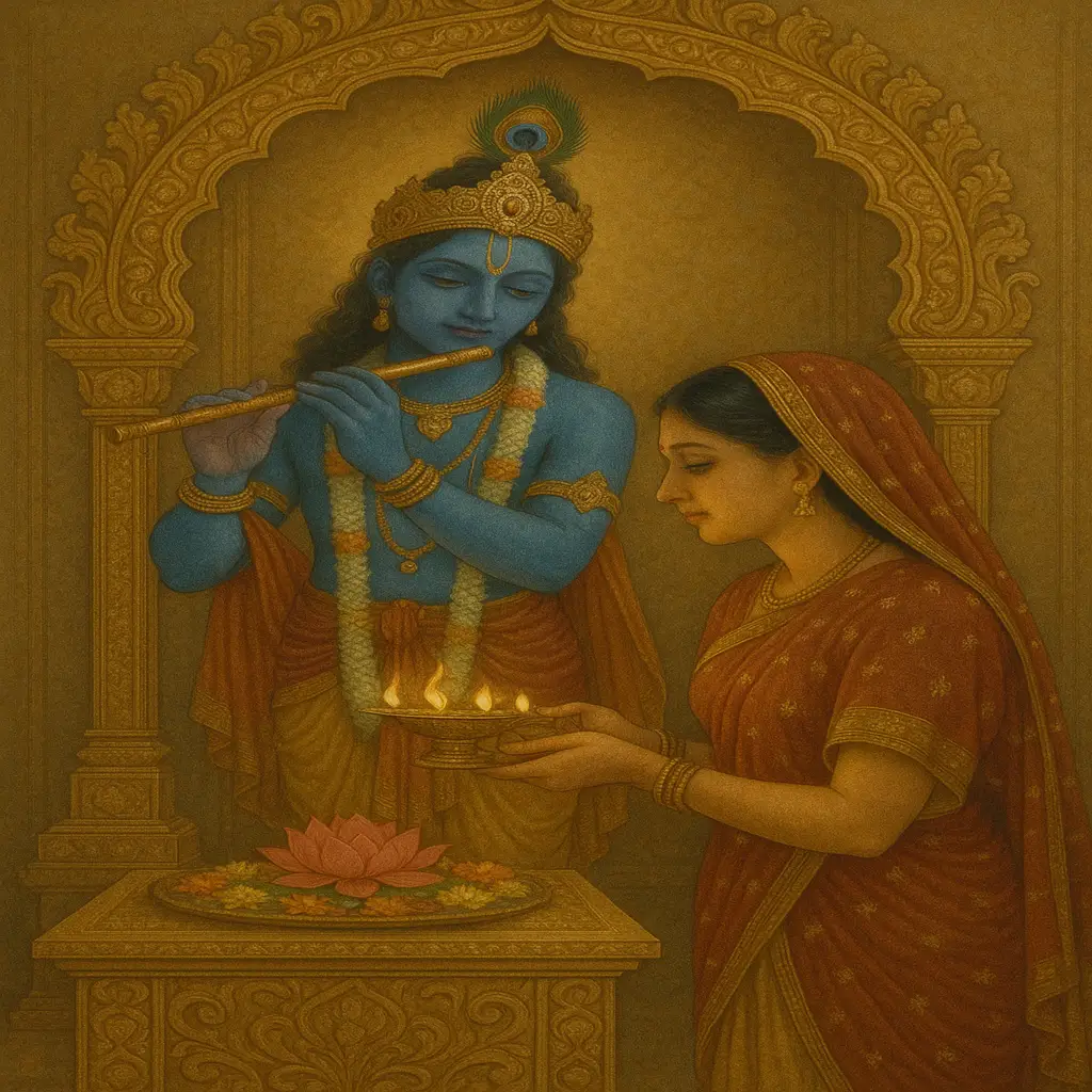 A traditional Indian woman performs heartfelt devotion to Shree Krishna, symbolizing selfless Bhakti.