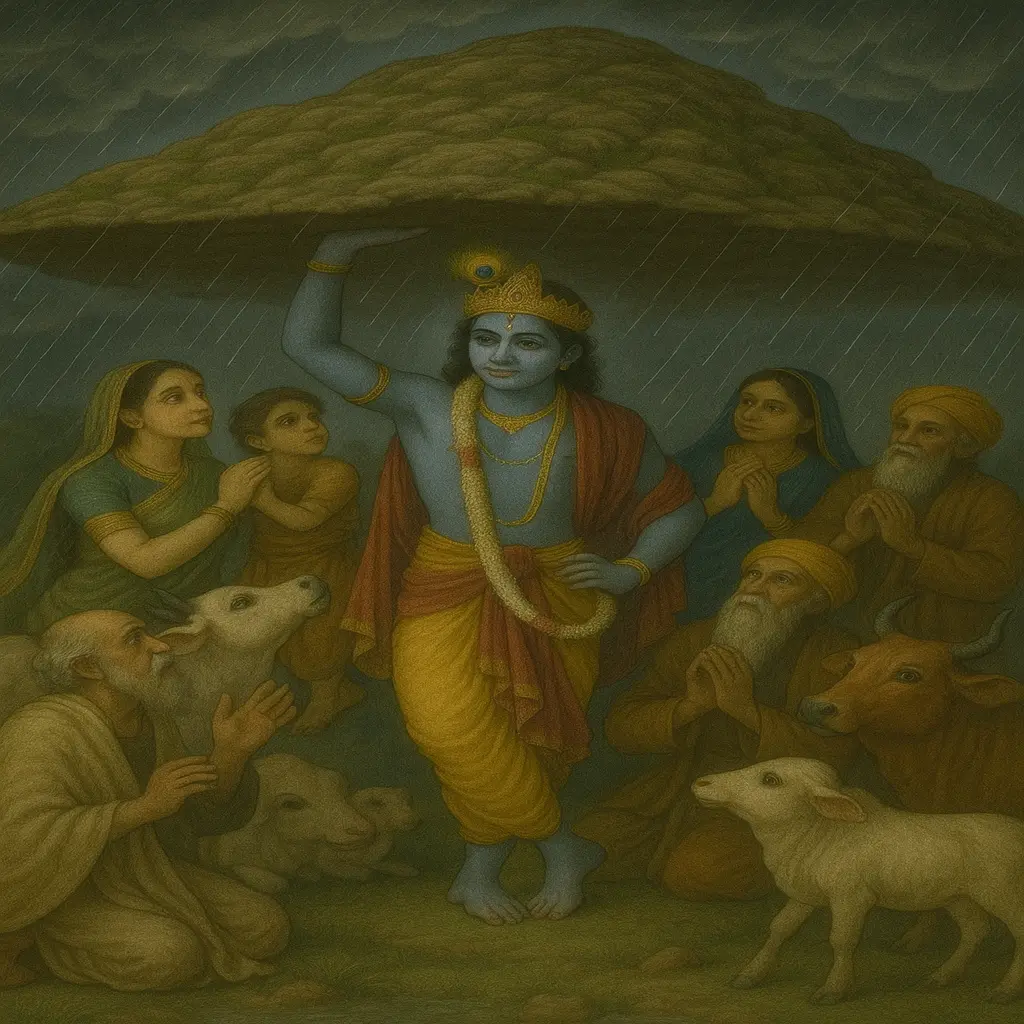 Krishna performs the Govardhan Leela, lifting the sacred hill to protect villagers, symbolizing divine shelter and devotion.