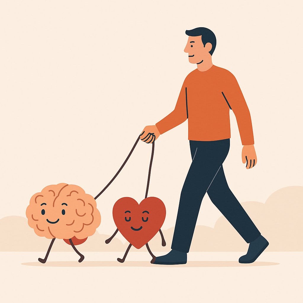 An image of a person who is walking with heart and mind attached with a string. Symbolizing the controlled mind and emotions.