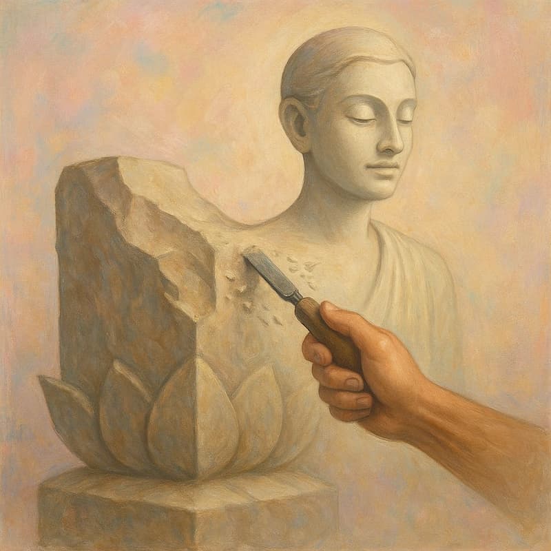 An image of a sculptor trying to make a perfect deity.