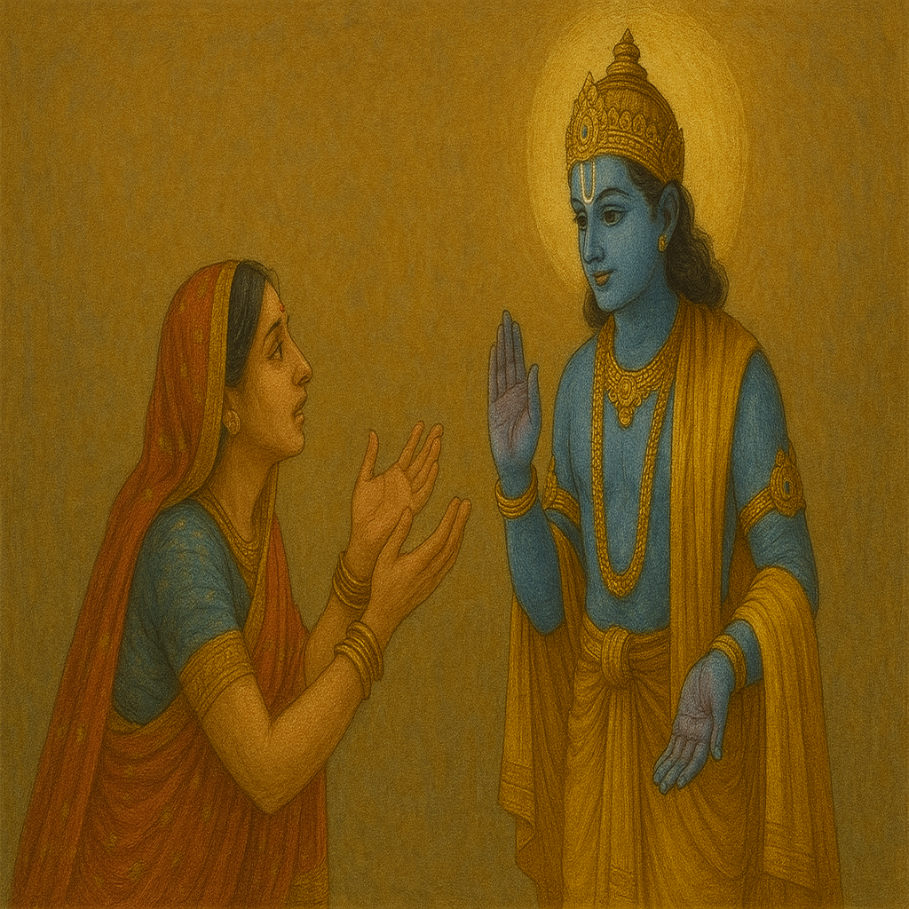 Kunti Devi humbly pleads before Krishna for more hardships, reflecting deep bhakti and detachment.