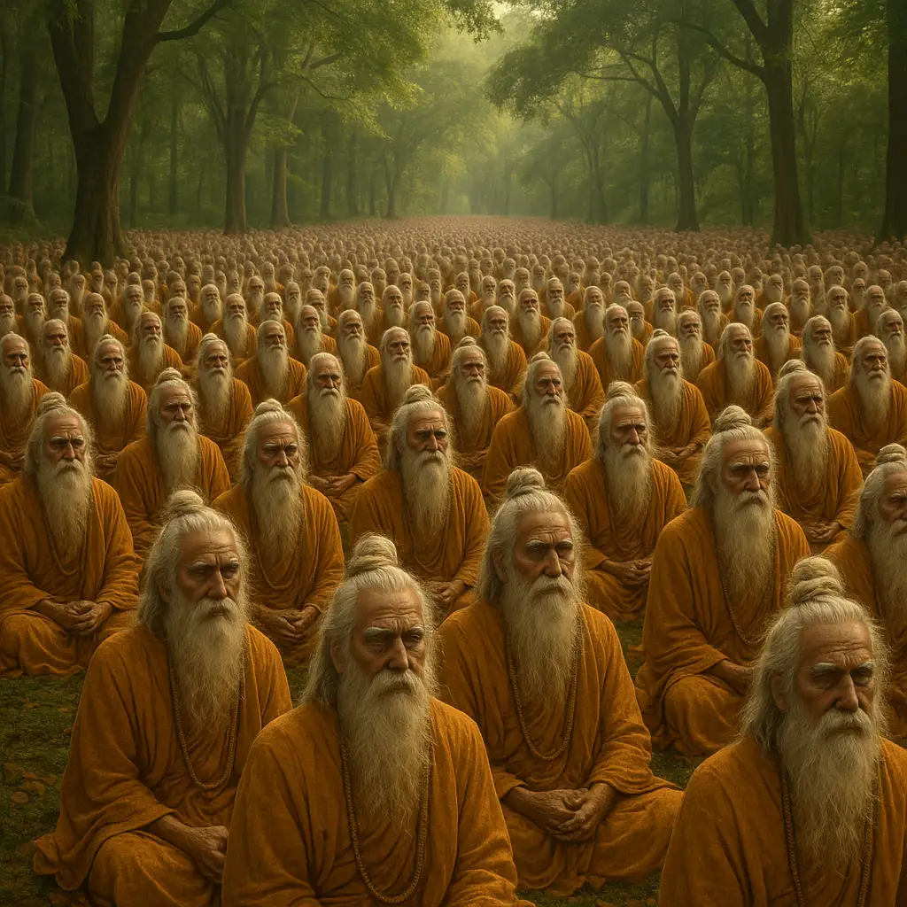 88,000 sages assembled in a serene forest, led by Shaunak Rishi, discussing Lord Krishna and the essence of Vedic wisdom.