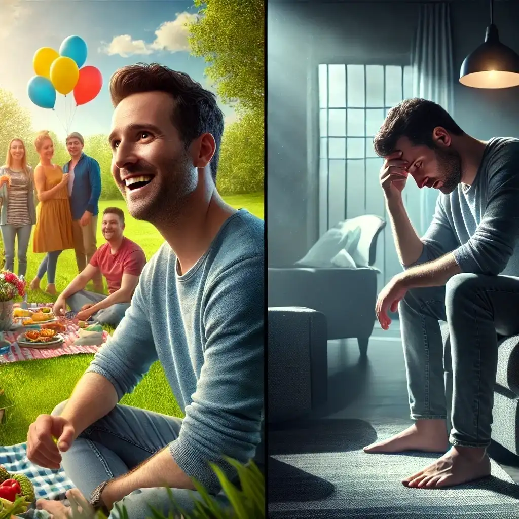 An image of two different contrasts where on one side, this person is really happy and other side, the person is having tough times.