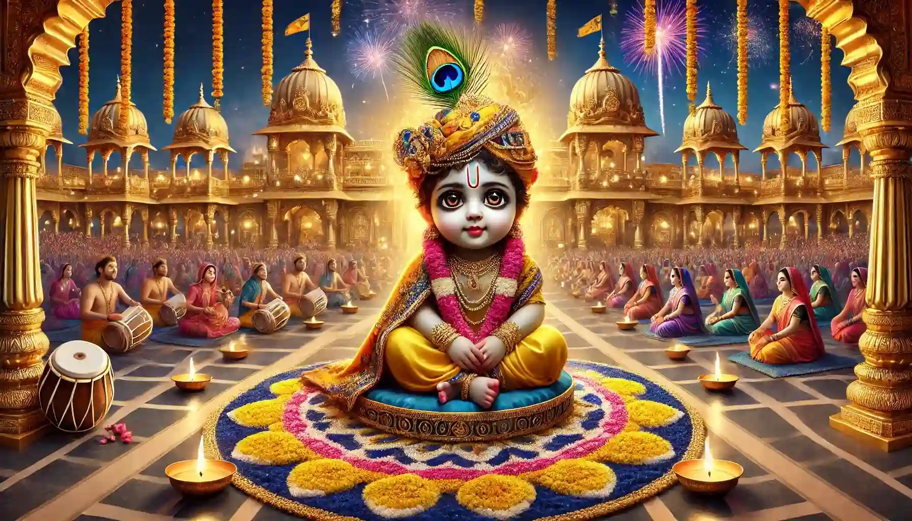 Baby Krishna in golden swing at temple Janmashtami celebration with marigold garlands, peacock feather crown, and devotees in colorful attire.