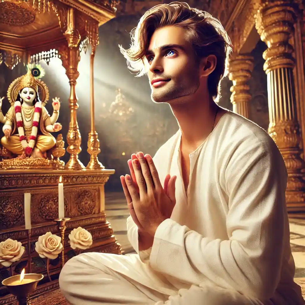 A beautiful devotee in white sits cross-legged in a golden-lit temple, one hand blessing, the other on his lap, before an ornate altar of Lord Krishna.