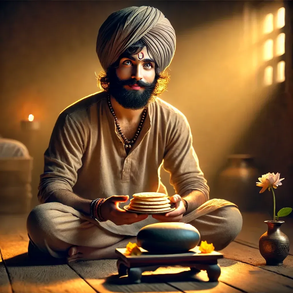 A 35-year-old Sikh man with a turban offers rotis to a flower-adorned Shaligram stone in his hut, eyes radiant with innocence and deep devotion.
