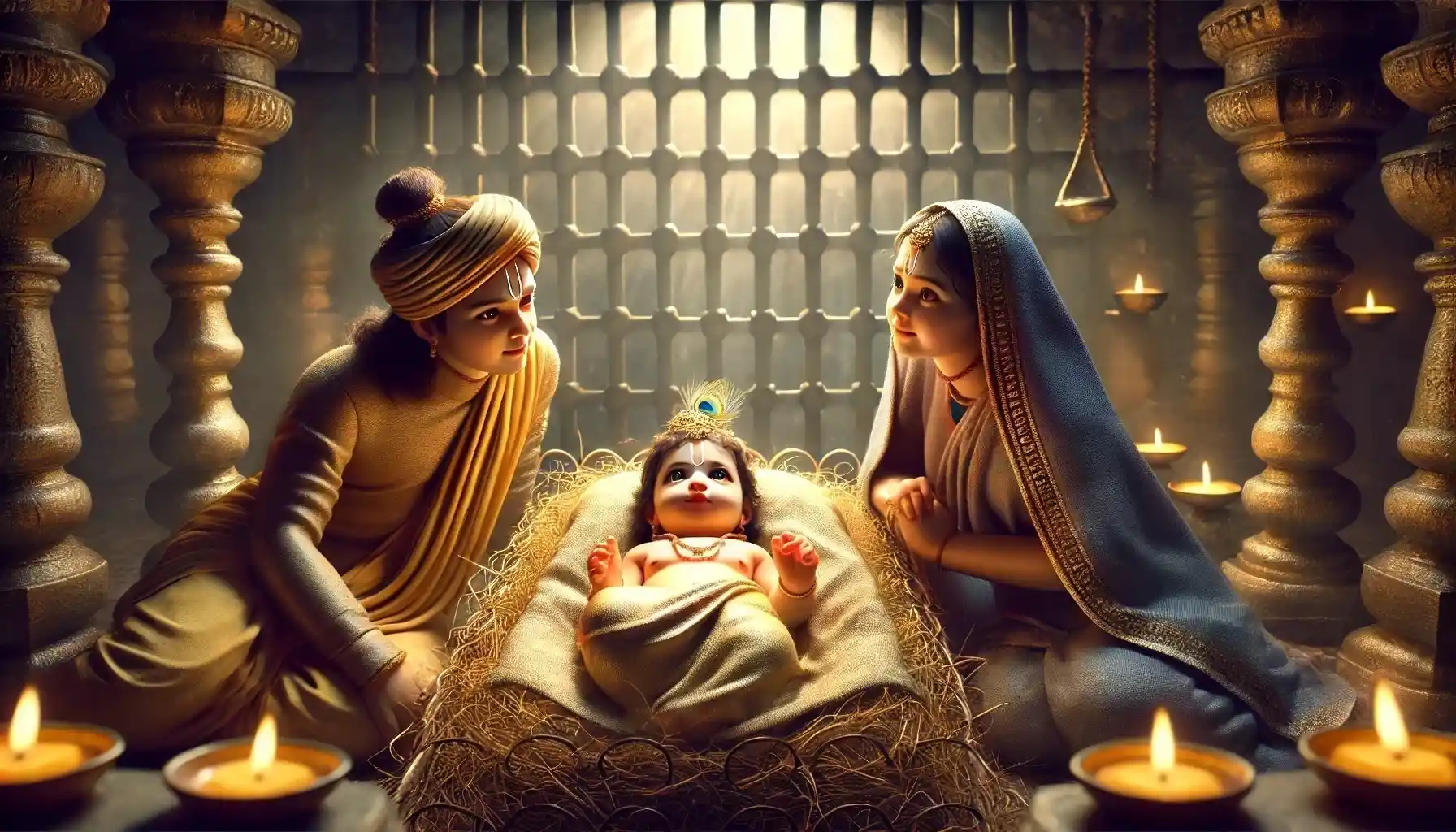 Hyper-realistic image of baby Krishna’s birth in Mathura prison, lying on hay in golden silk, natural skin tone, with Vasudeva and Devaki in plain clothes beside Him.