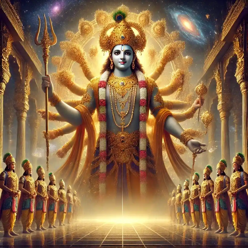 Krishna in regal Viraat Swaroop with beautiful eyes and cosmic form faces arrogant Duryodhana in the grand Kaurava court, glowing with divine compassion.