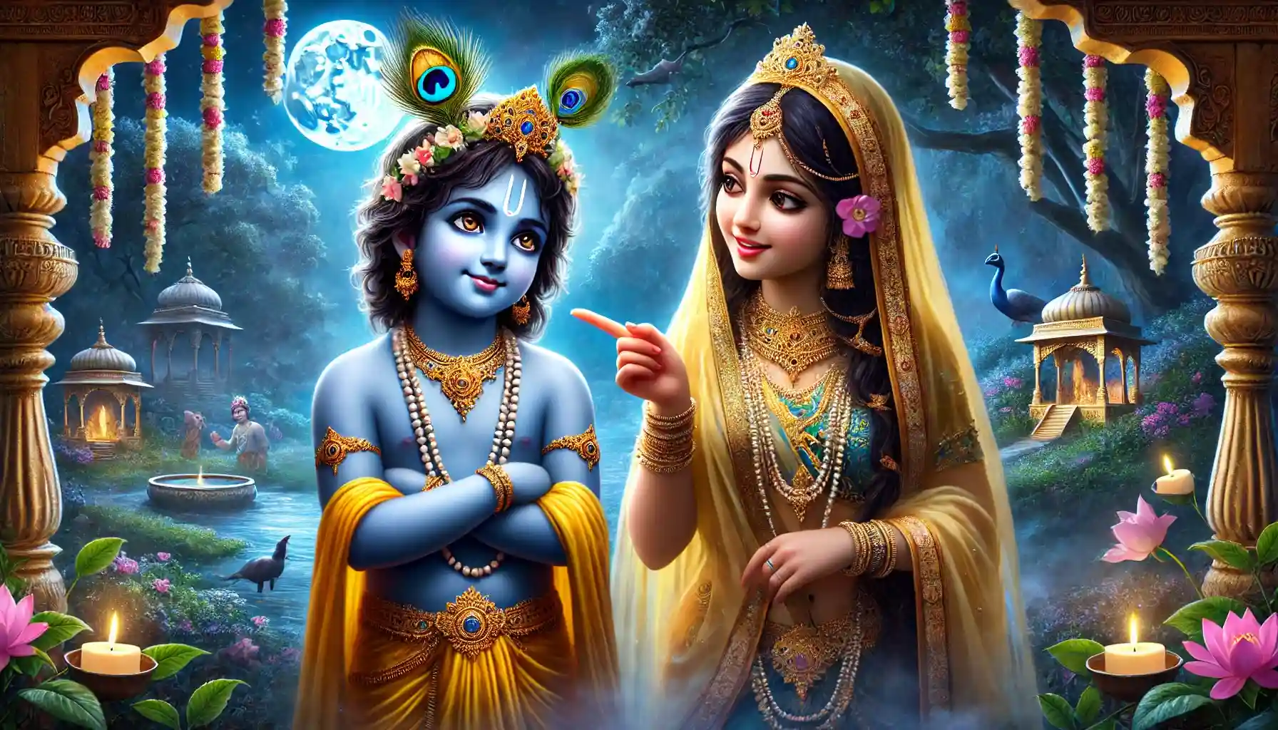 Shree Krishna and Radha Rani are looking divinely beautiful together as they stand close to each other.