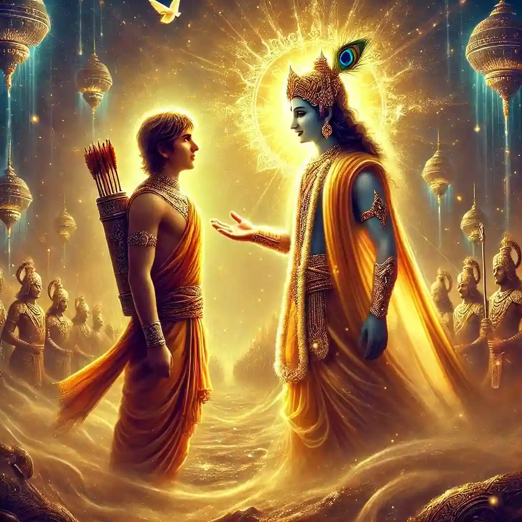 Lord Krishna and Arjun standing in a warfield.