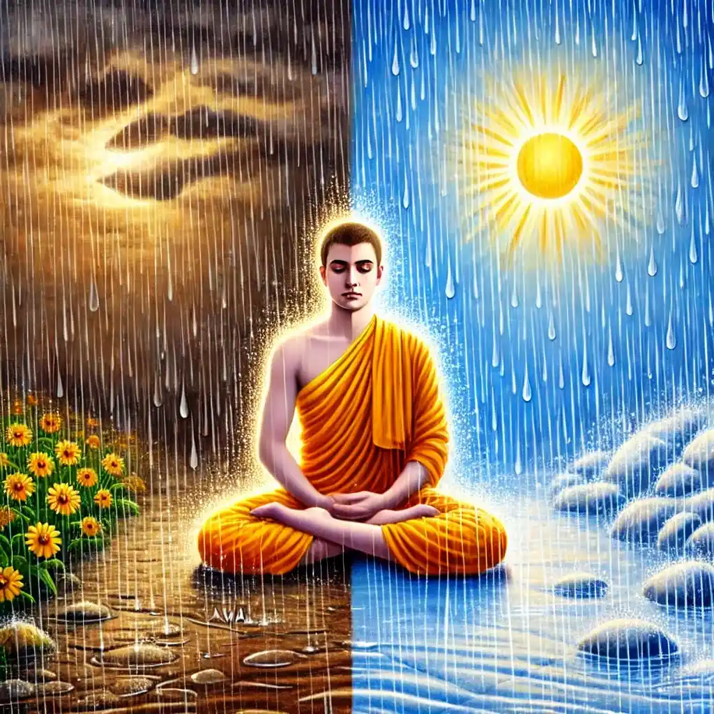 An image of a sadhu sitting legs folded and he is experiencing equanimity between Sukh and Dukh. 