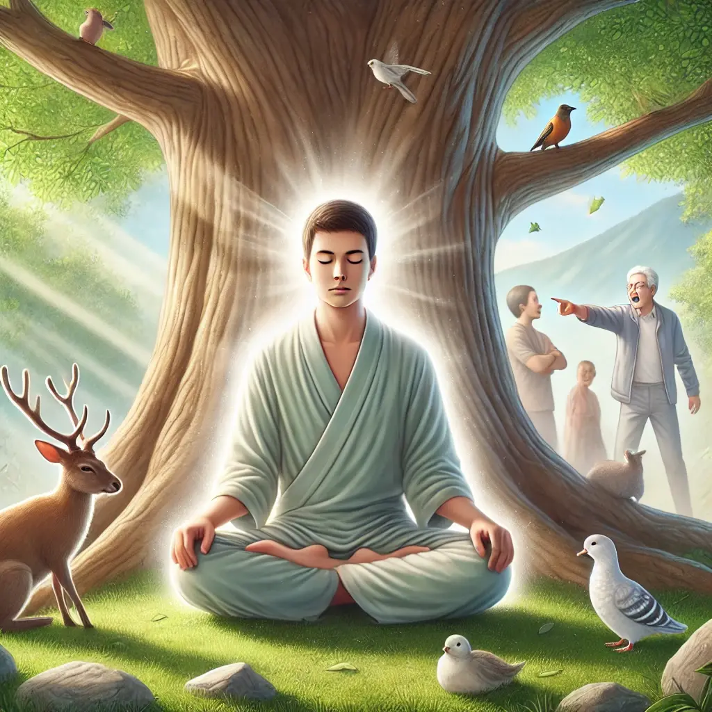 A serene person meditating under a tree, surrounded by animals, calm despite someone angrily pointing in the background.