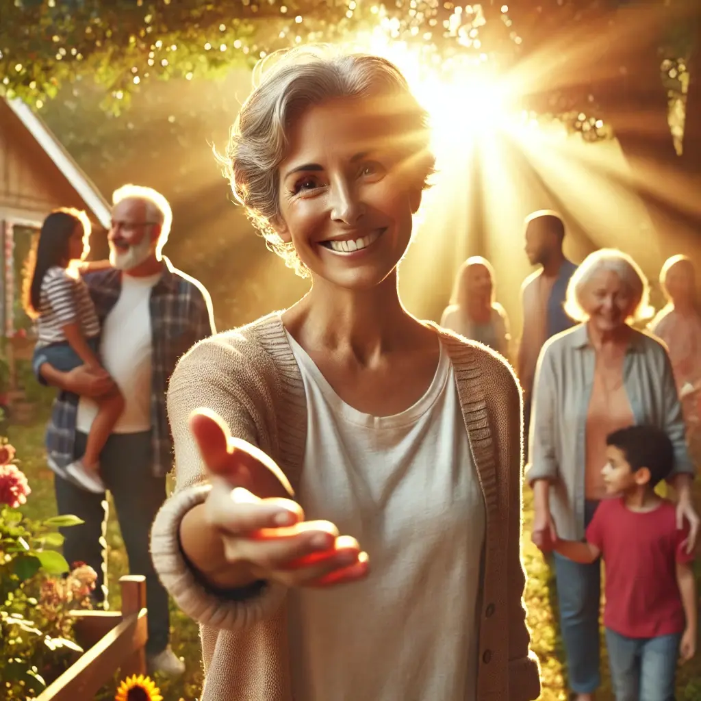 A friendly person smiling warmly in a peaceful, sunlit park surrounded by diverse individuals, including a child, an elderly person, and a stranger.
