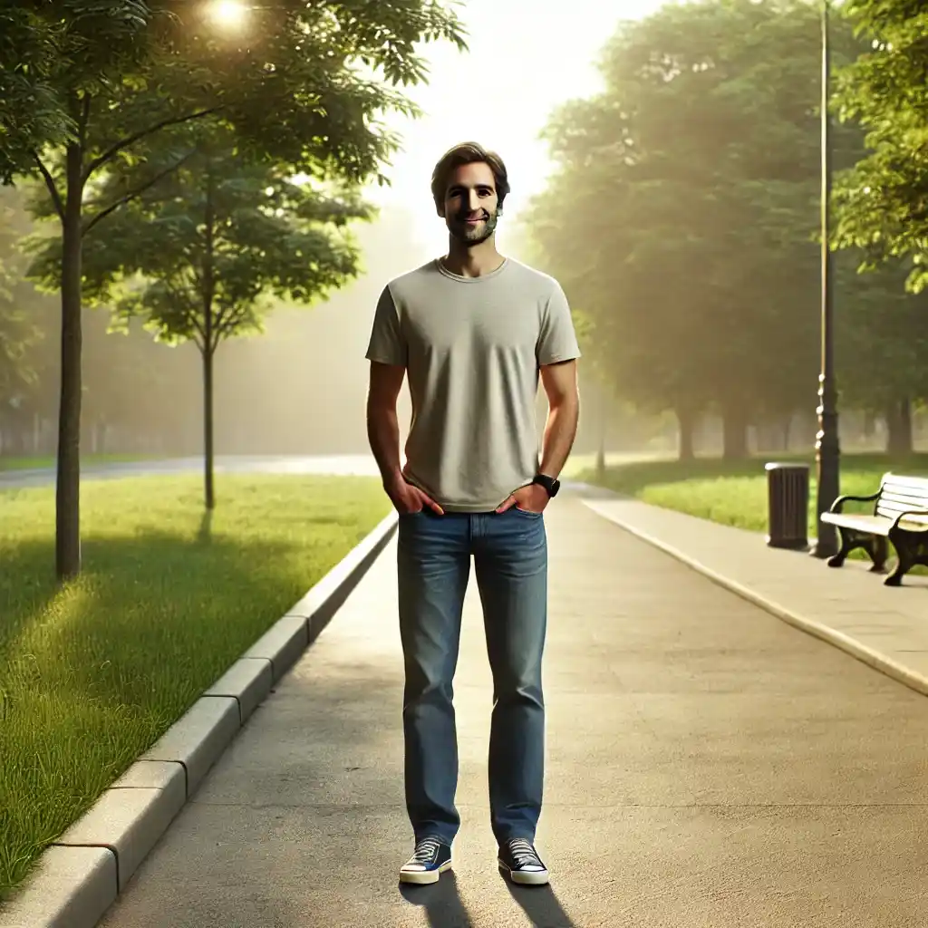 Person in casual clothes standing in a sunny park, smiling gently with trees and grass in the background.