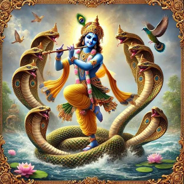 A painting of a god playing a flute on snakes

AI-generated content may be incorrect.