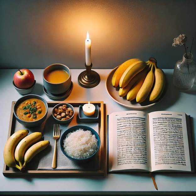 A tray with food and a candle on it.